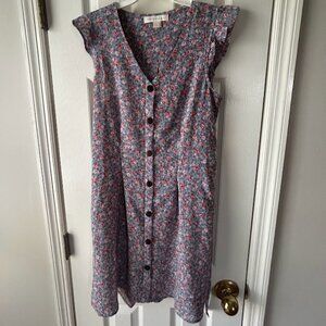 Vintage Style Blue Pink Red Floral Button-Up Short Dress w/ Tie Size M Medium